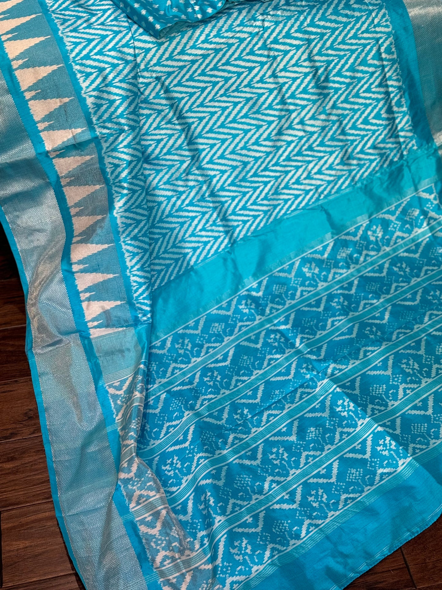 **New** Blue Ikkat Pattu Silk Saree with Self Color Stitched Blouse