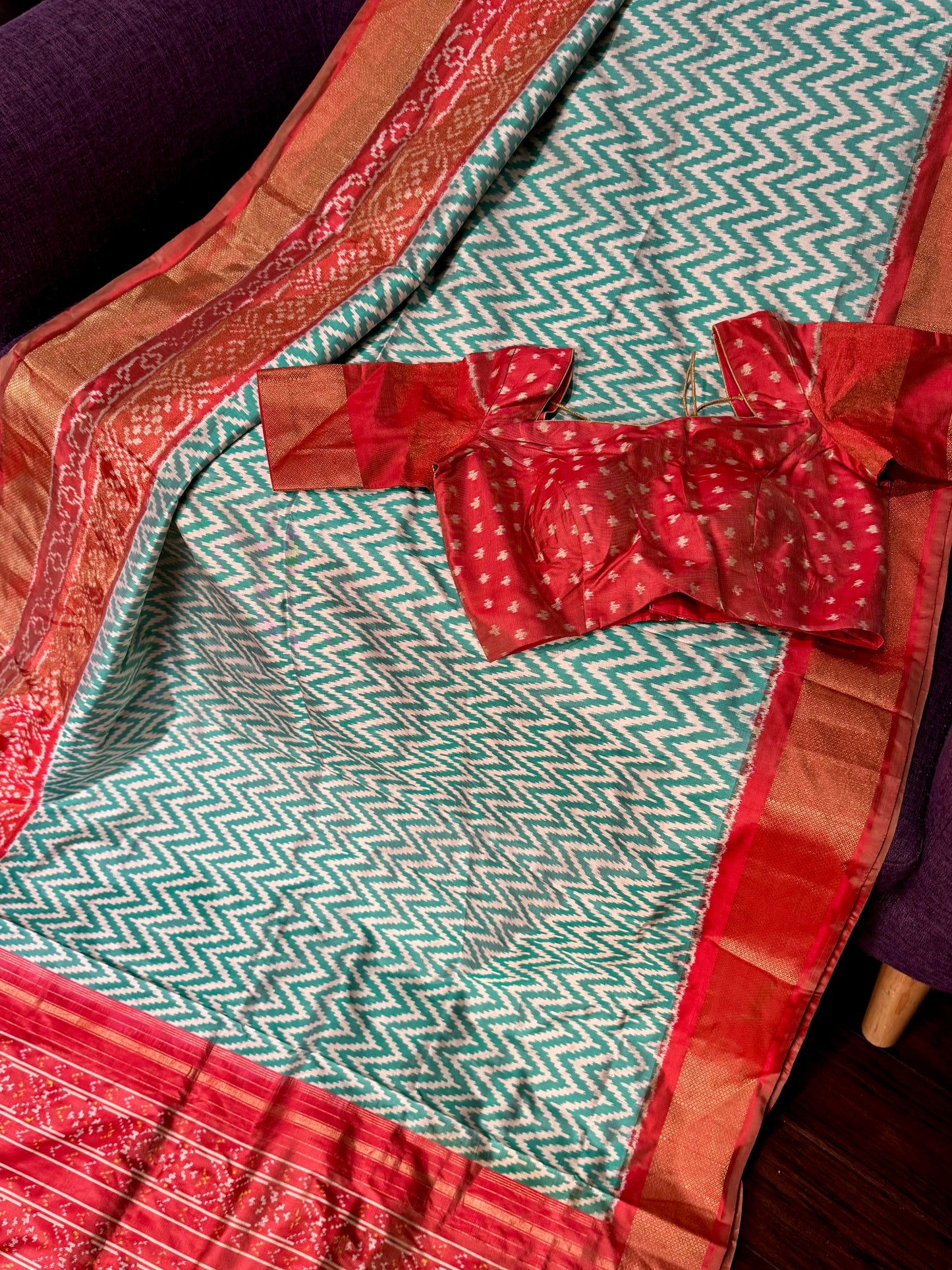 **New** Teal Ikkat Silk Saree With Contrast Stitched Blouse