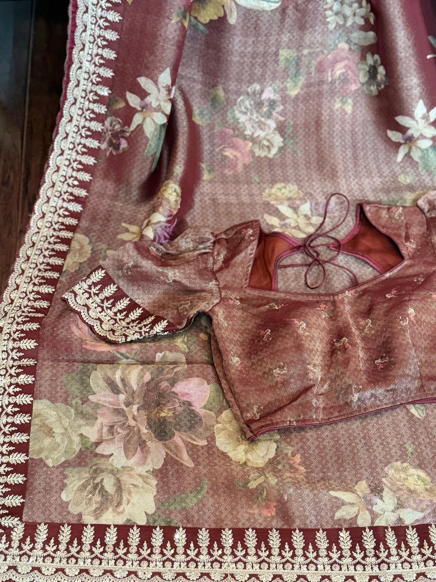 **New**Maroon floral tissue silk saree with stitched blouse