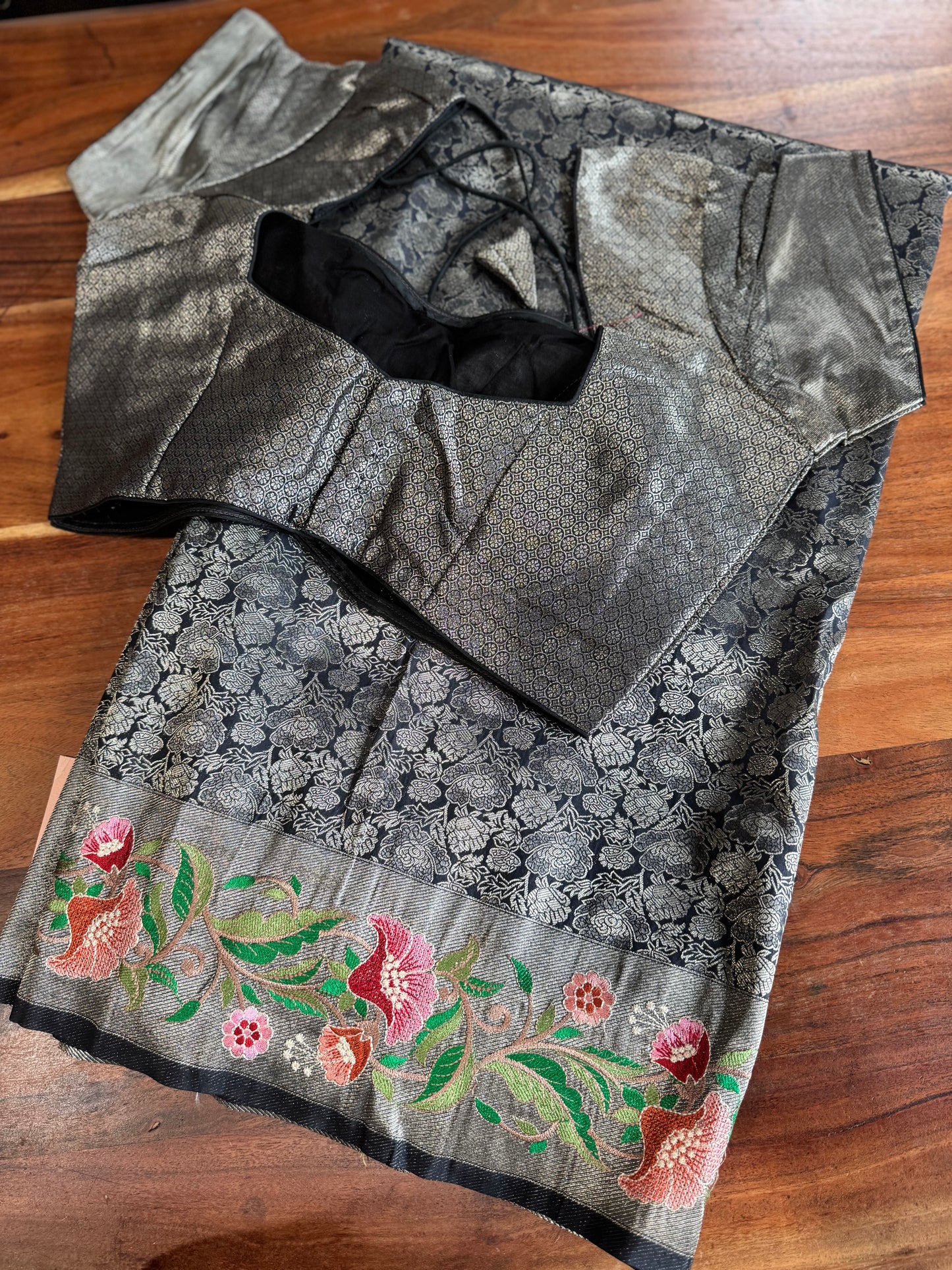 **New** Black Brocade Saree With Self Color Stitched Blouse !!