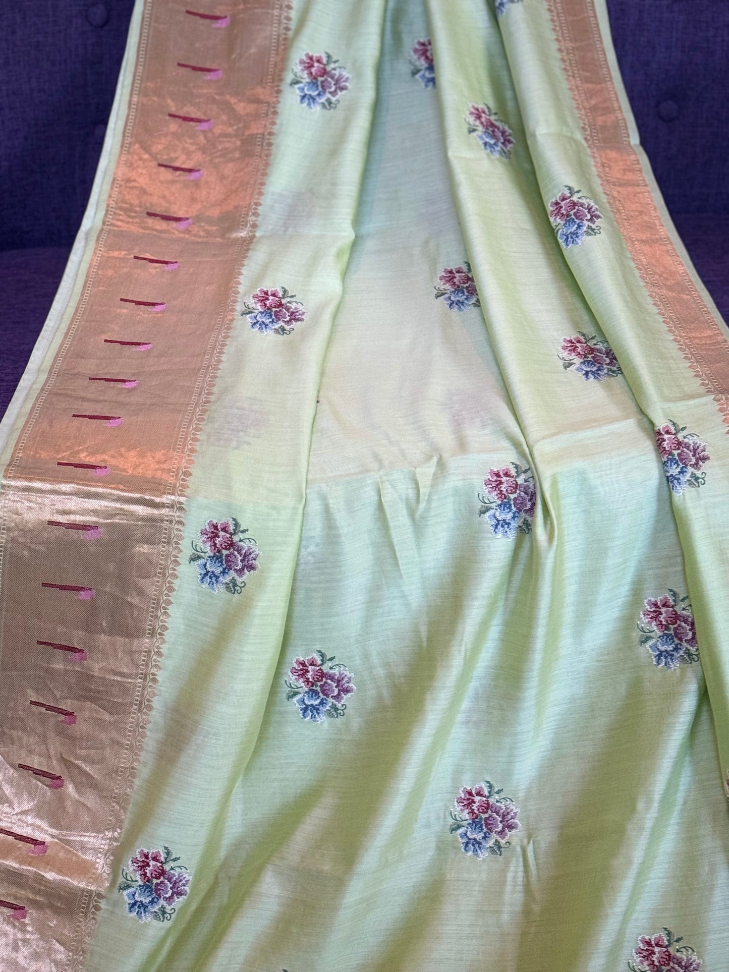 ** New** Green Benaras Silk Saree With Self Color Stitched Blouse