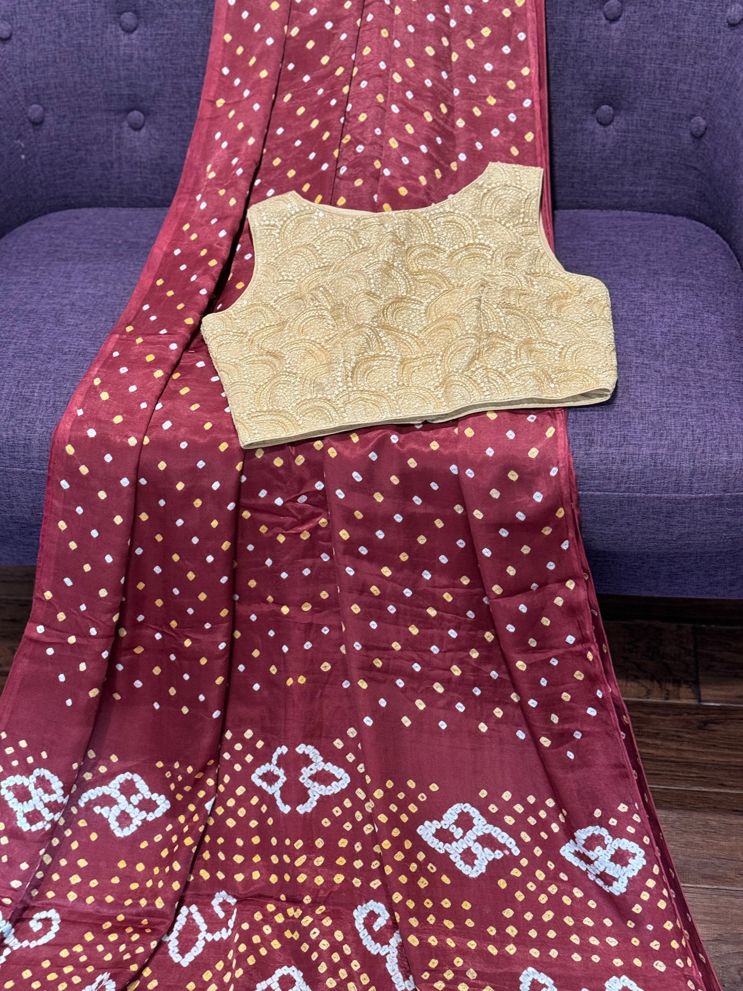 **New** Satin Bandini Saree With Gold Stitched Blouse