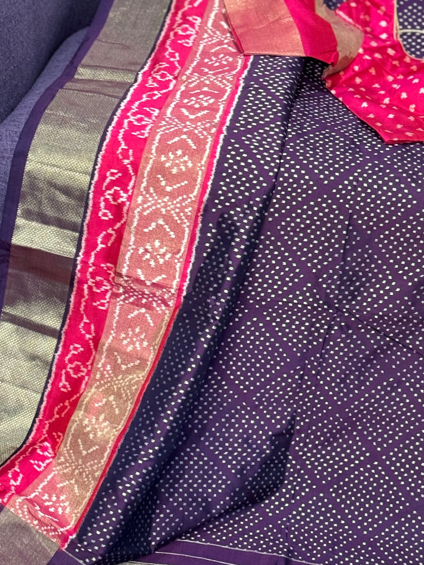 **New** Eggplant Shade Ikkat Pattu Saree With Contrast Stitched Blouse