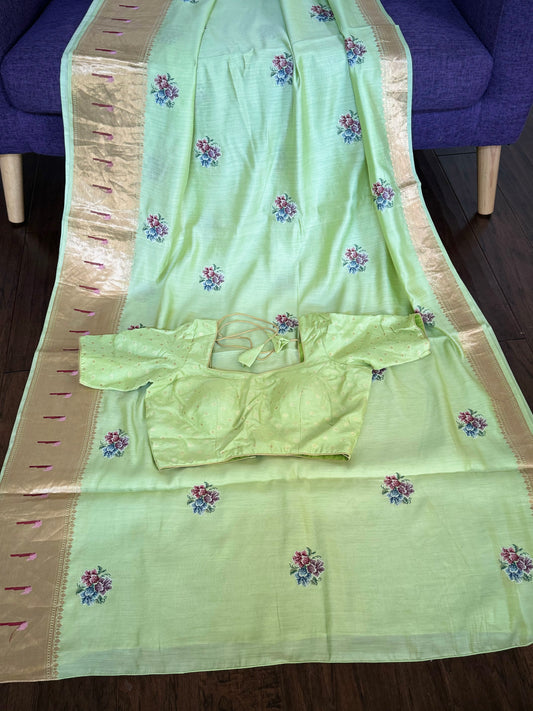 ** New** Green Benaras Silk Saree With Self Color Stitched Blouse