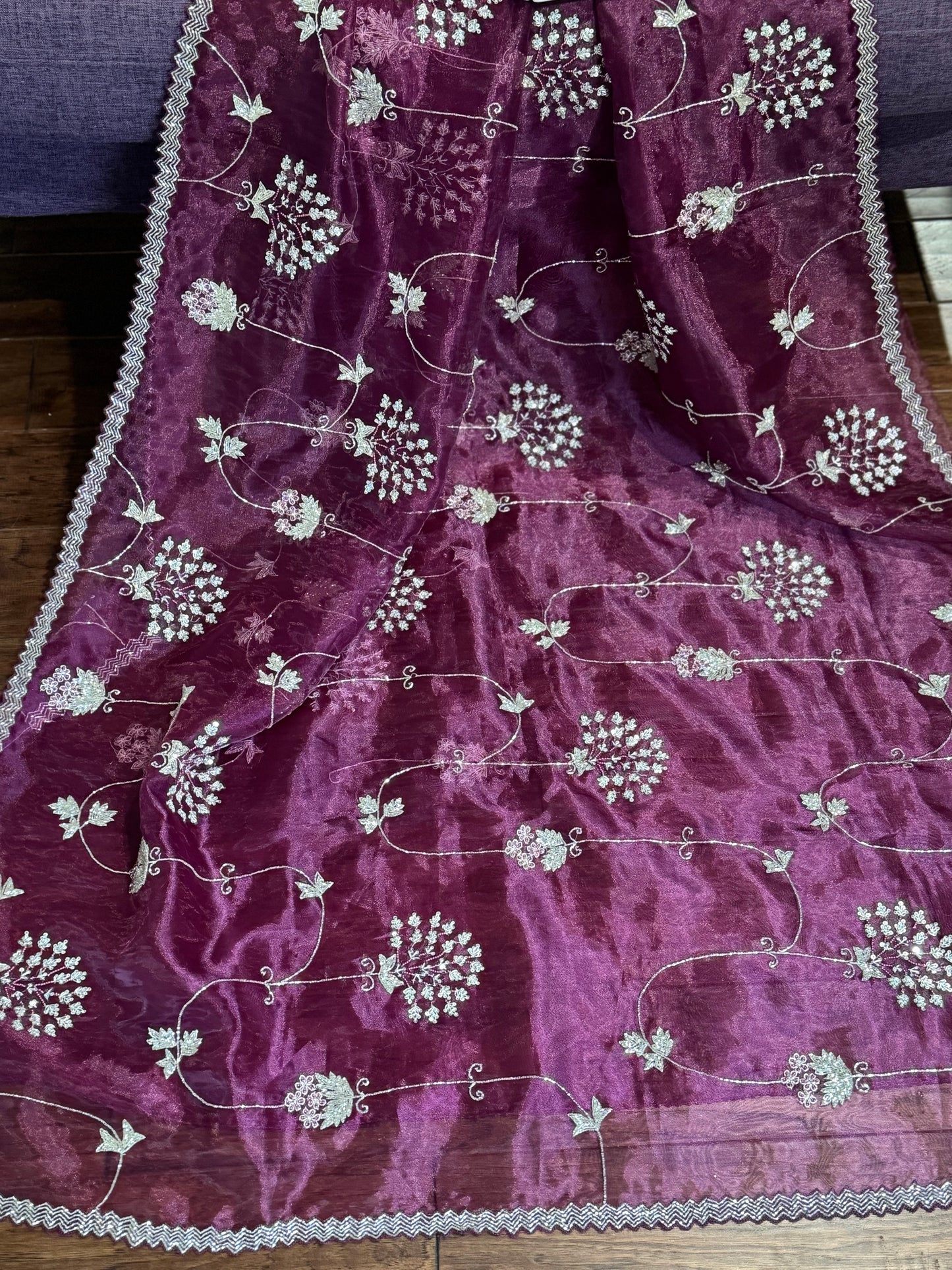 **New** Allover Wine Color organza Saree With Self Color Blouse