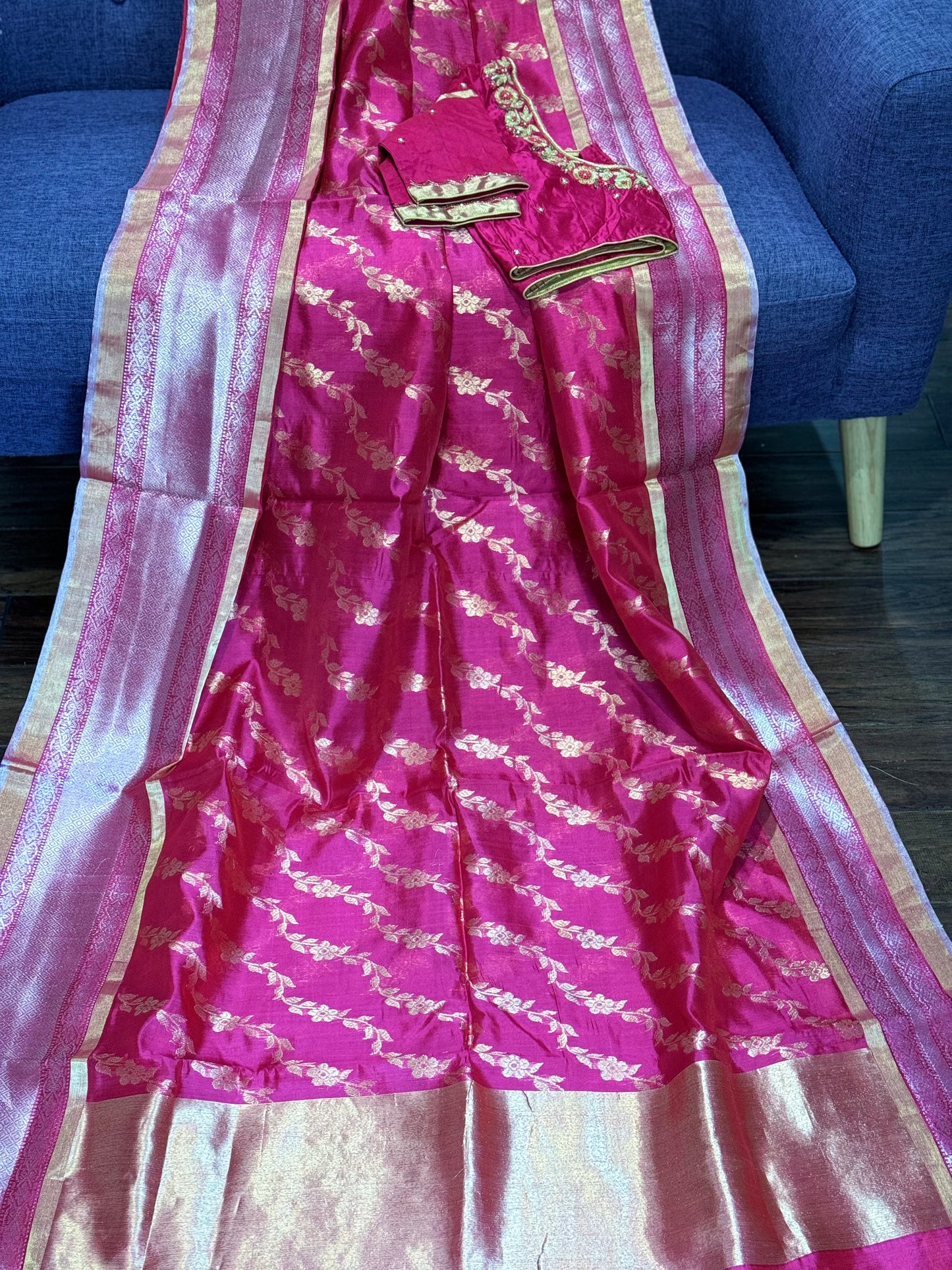 **New** Red Chanderi Silk Saree With Self Color Stitched Blouse