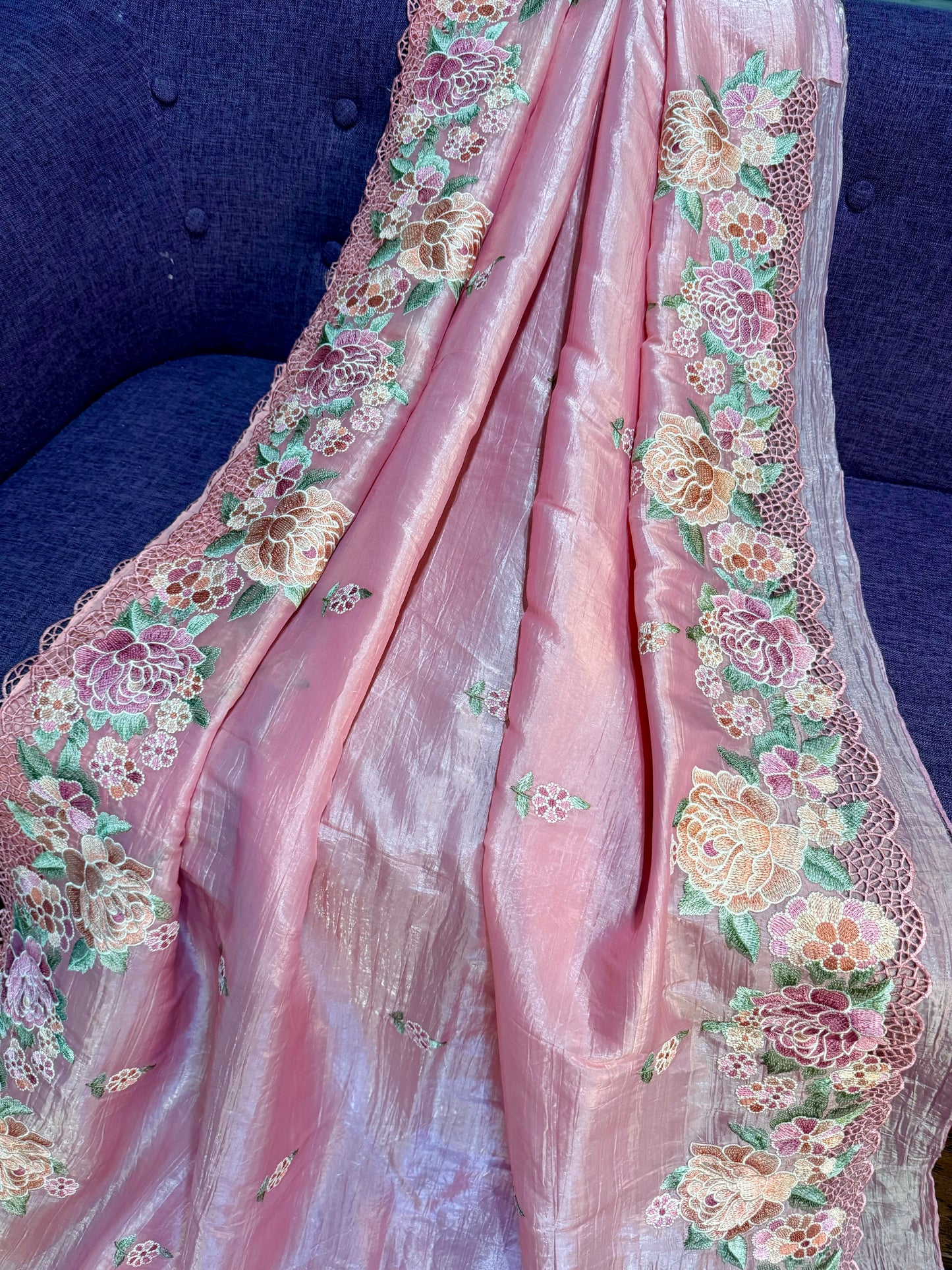 **New** Pastel Pink Crushed Organza Saree with Self Color Stitched Blouse !!!