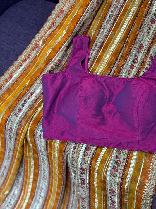 ** New** Mustard Yellow Striped Georgette Saree With Contrast blouse