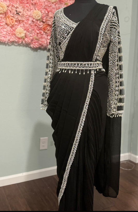 ** New ** Black Predrade Saree With Long Sleeve Stitched Blouse !!