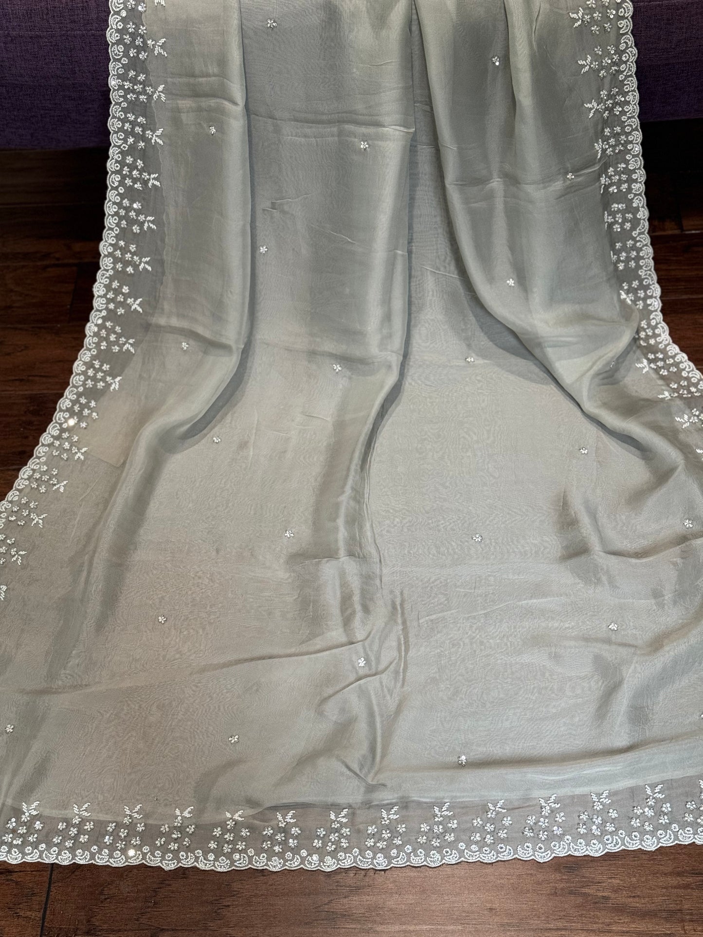 **New** Grey Organza Pearl Work Saree With Contrast Stitched Blouse !!!