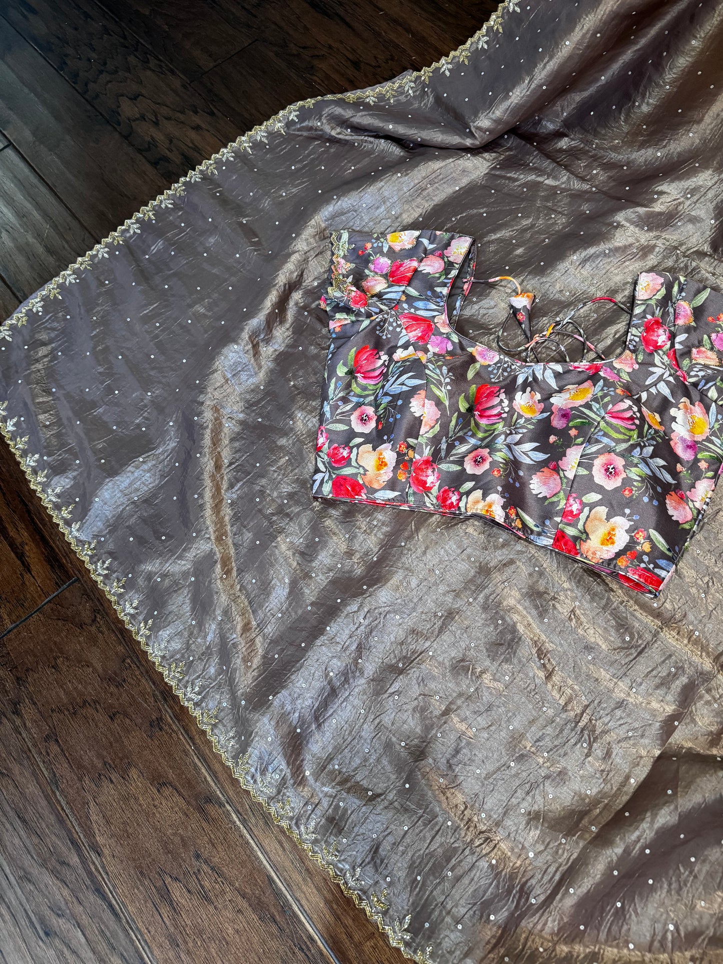 **New** Brown Crushed Organza Saree With Floral Stitched Blouse!!!