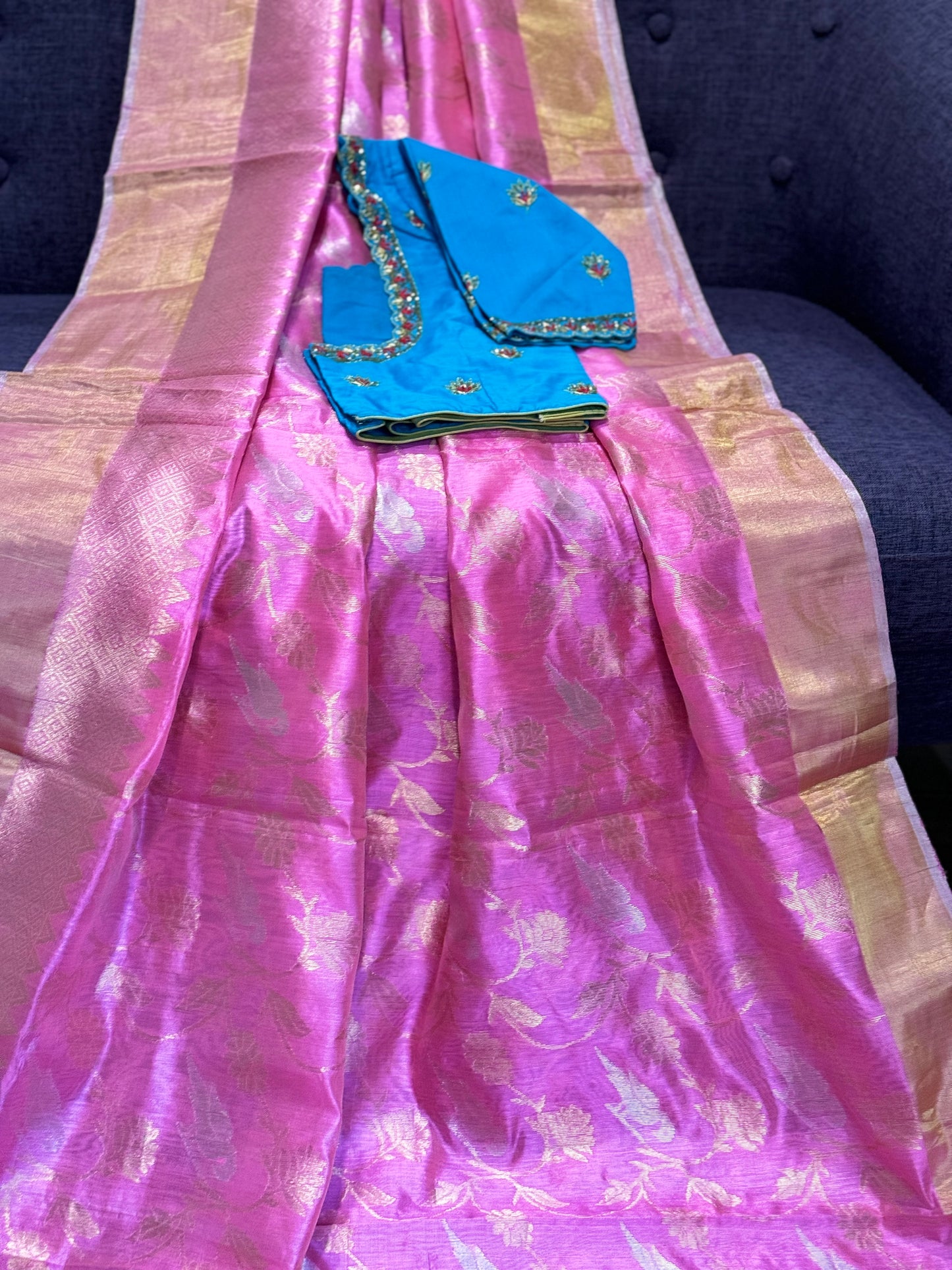 **New** Pink Chanderi Silk Saree With Contrast Stitched Work Blouse