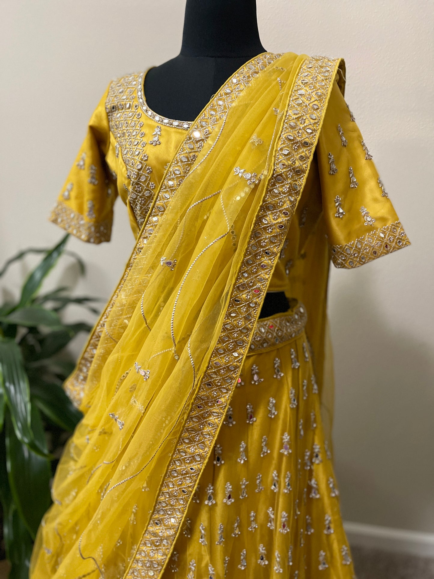 Yellow Netted Mirror Work Lehanga With Dupatta