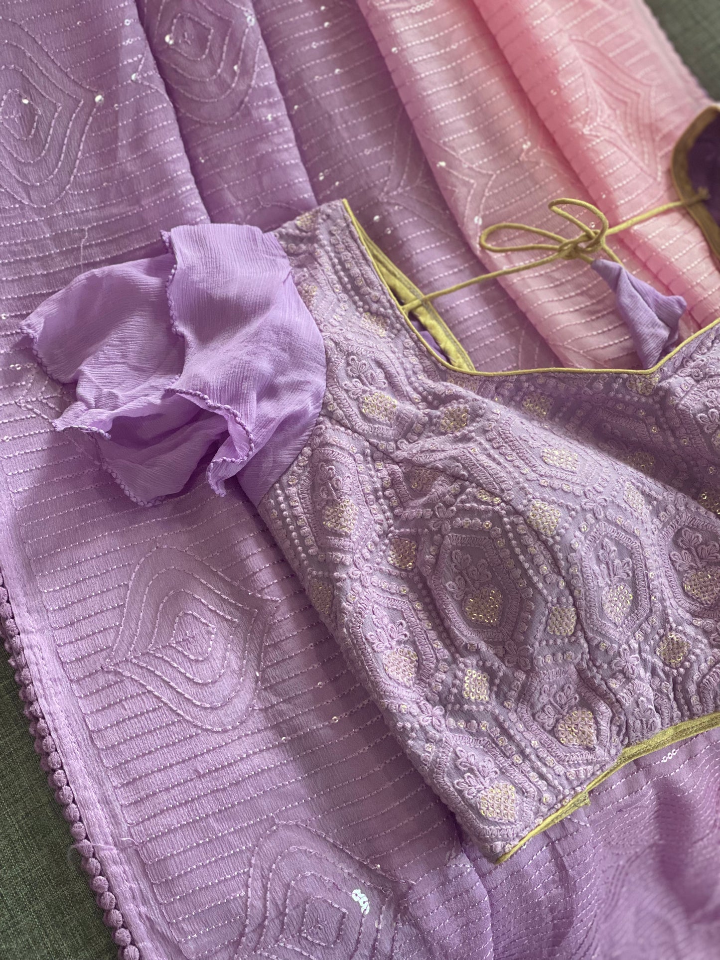 **sale**sequin Georgette saree with chikankari blouse and ruffle sleeves