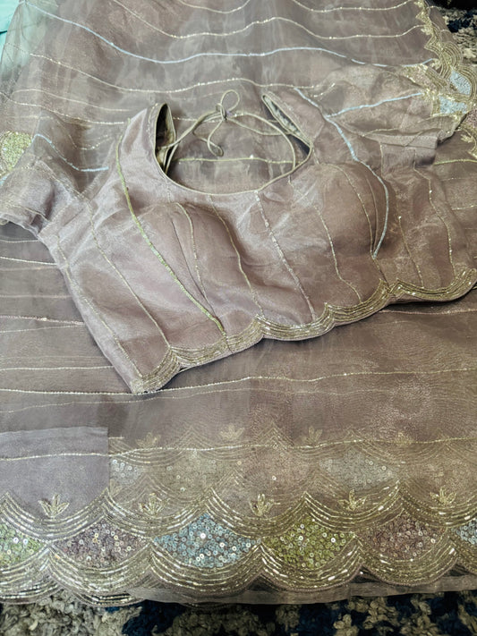 **New** Pastel Pink Organza Work Saree With Self Color Stitched Blouse