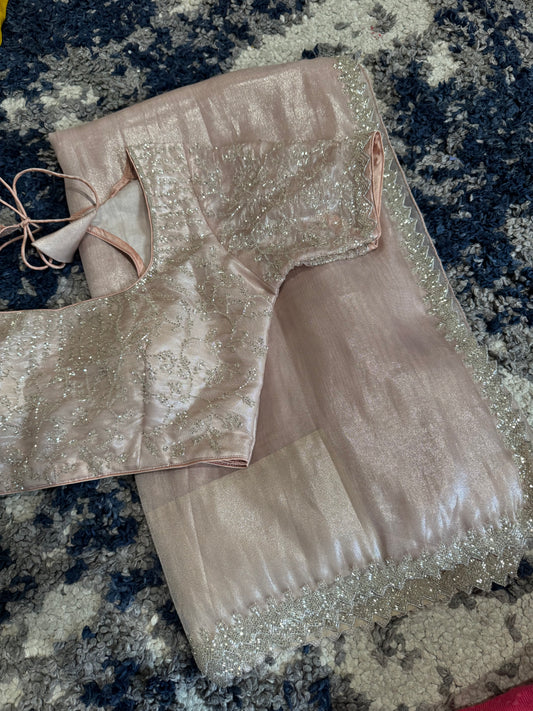 **New** Pastel Pink Tissue Organza Saree With Self Color Stitched Blouse!!