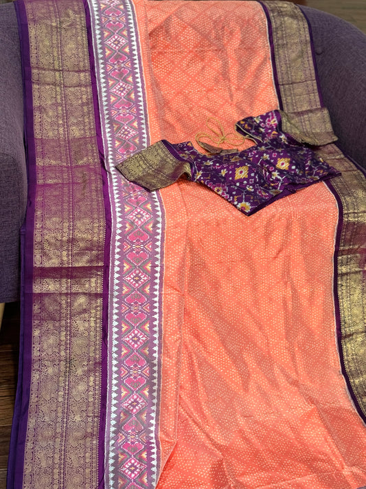 **New**Twill ikkat with Kanchi boarder saree with Patola weaving stitched blouse.