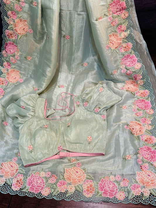 **New** Pastel Green Crushed Organza Saree With Self Color stitched Blouse !!