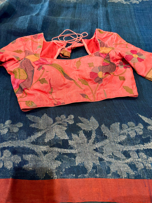 **New** Blue Lenin Saree With Contrast Blouse