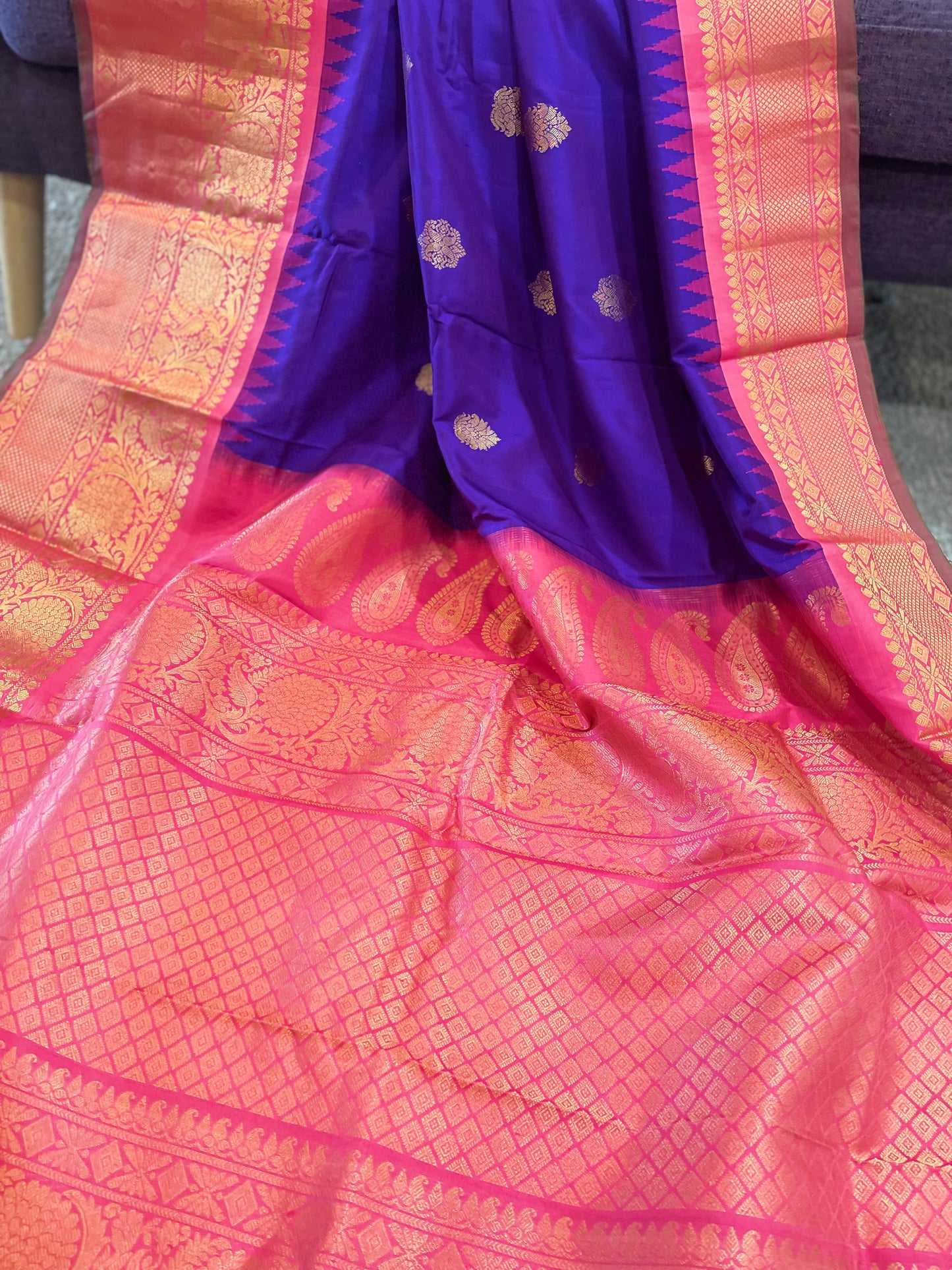 ** New ** Purple Gadwal Silk Handloom Saree With Contrast Maggam work blouse