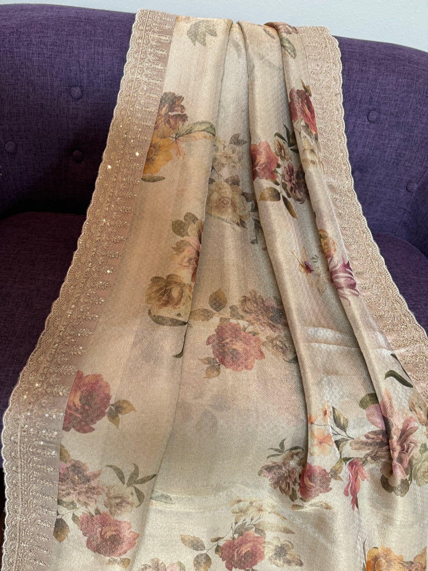 **New**Beige floral tissue silk saree with stitched blouse