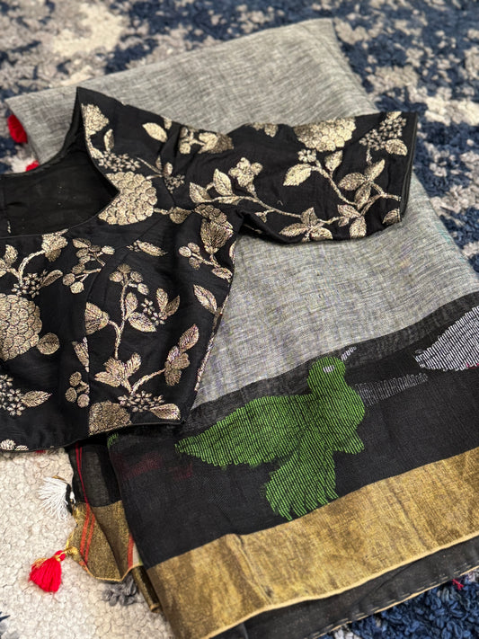 **New** Grey linen Saree With Contrast Blouse!!