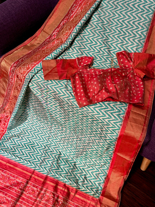 **New** Teal Ikkat Silk Saree With Contrast Stitched Blouse