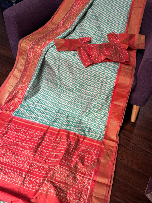 **New** Teal Ikkat Silk Saree With Contrast Stitched Blouse