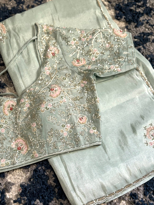 **New** Pastel Blue Tissue Organza Saree With Self Color