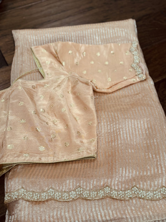 **New** Peach Chanderi Saree with Self Color Stitched Blouse!