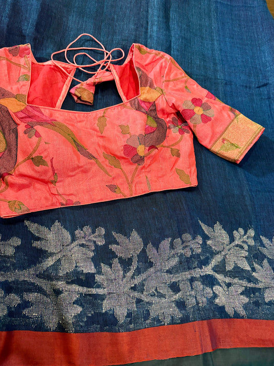 **New** Blue Lenin Saree With Contrast Blouse
