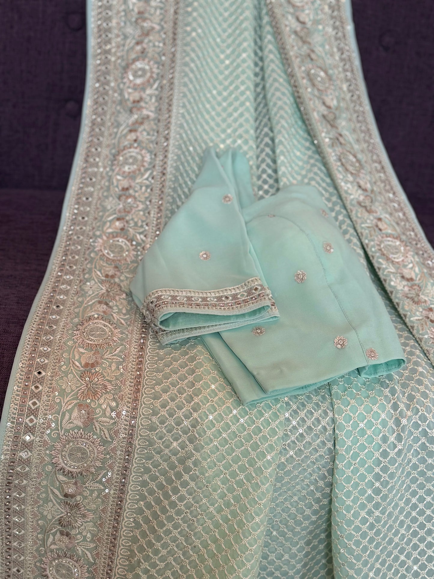 Sea green georgette chikenkari saree with mirror work