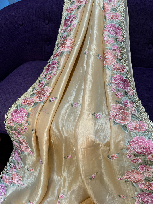 **New** Pastel Yellow Crushed Organza Saree With Self color Blouse