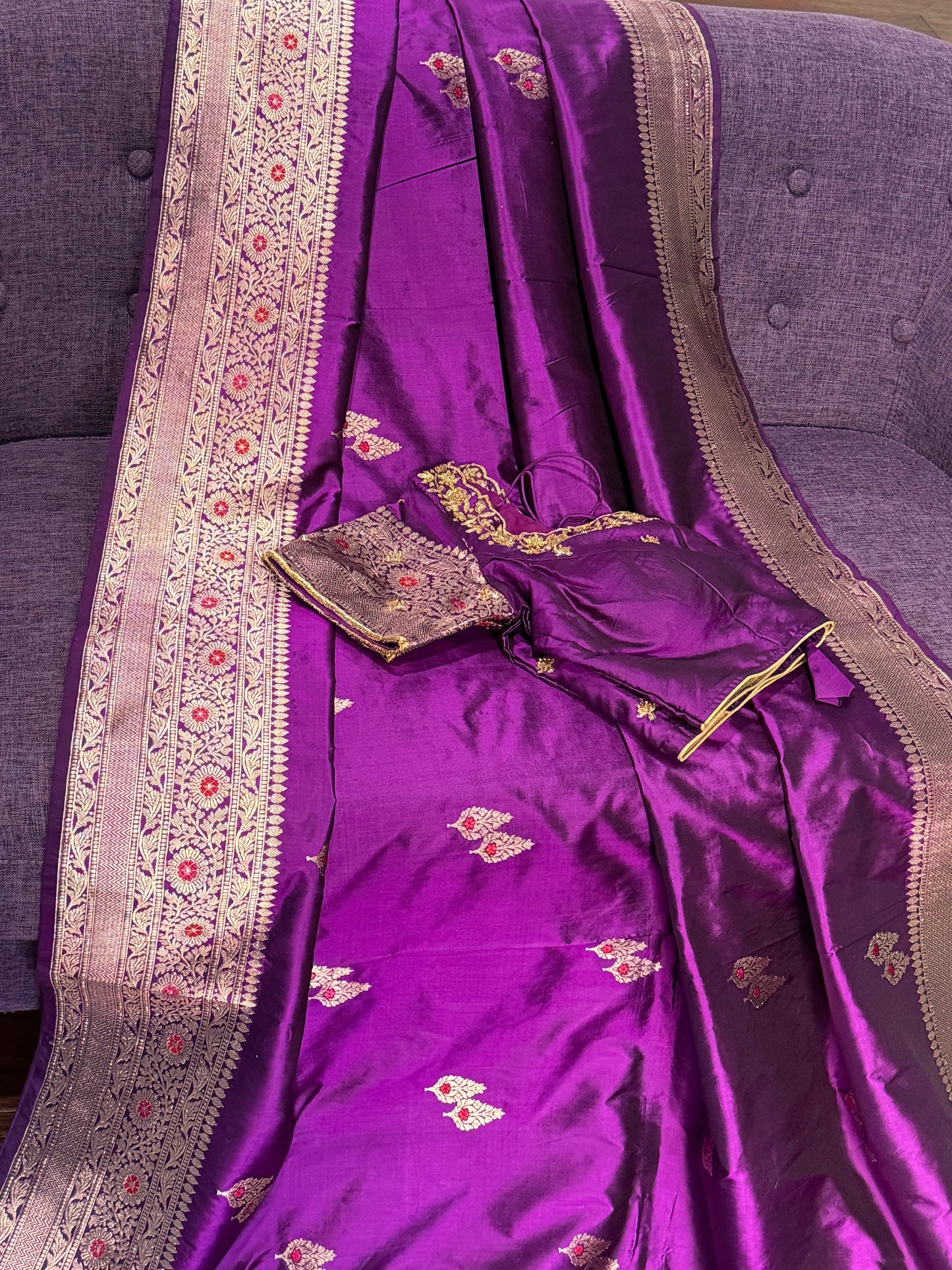 **New**Benaras katan silk saree with zari boarder paired with maggam work blouse