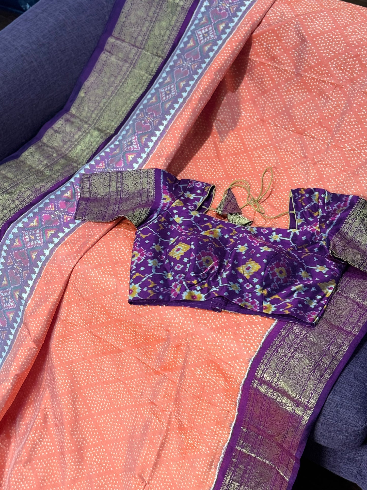 **New**Twill ikkat with Kanchi boarder saree with Patola weaving stitched blouse.