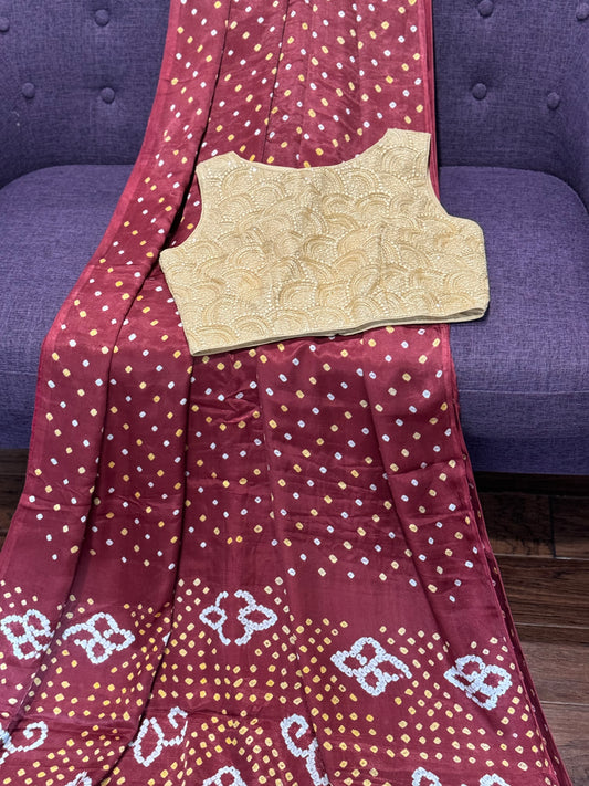 **New** Satin Bandini Saree With Gold Stitched Blouse