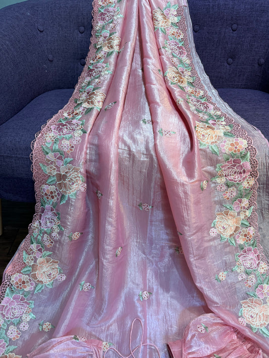 **New** Pastel Pink Crushed Organza Saree with Self Color Stitched Blouse !!!