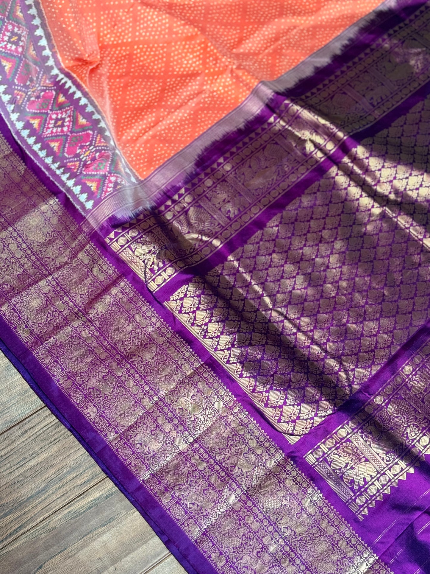 **New**Twill ikkat with Kanchi boarder saree with Patola weaving stitched blouse.