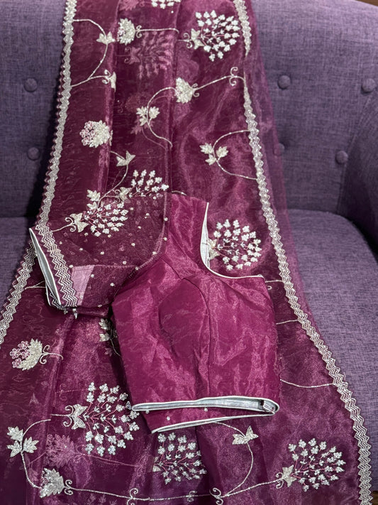 **New** Allover Wine Color organza Saree With Self Color Blouse