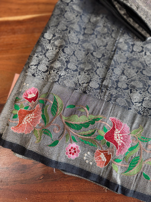 **New** Black Brocade Saree With Self Color Stitched Blouse !!