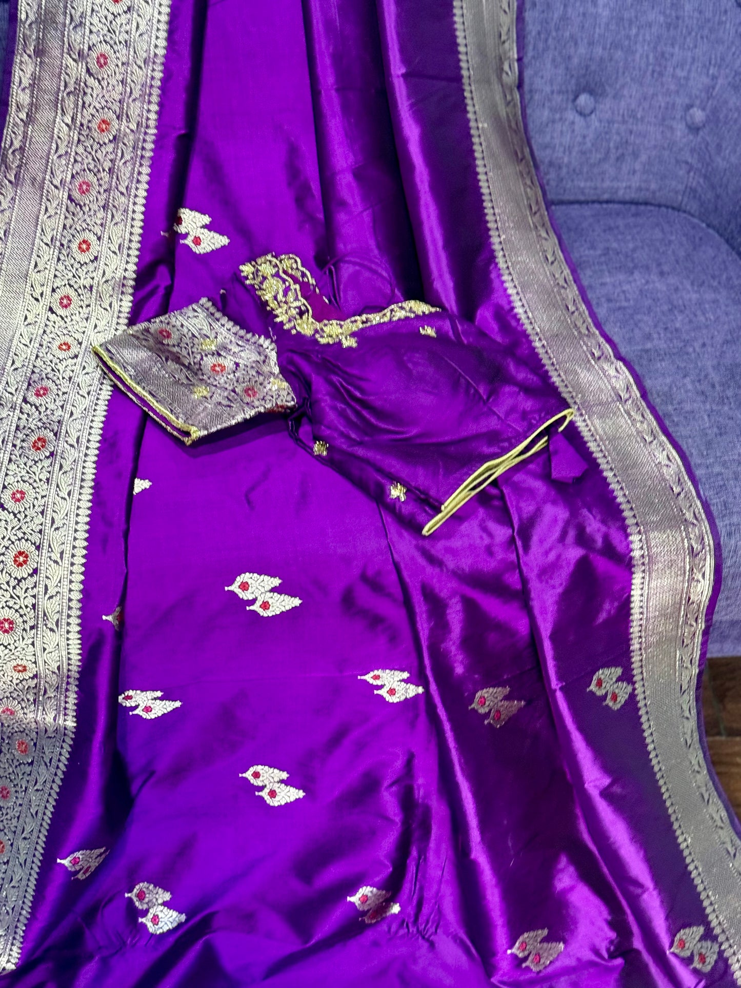 **New**Benaras katan silk saree with zari boarder paired with maggam work blouse