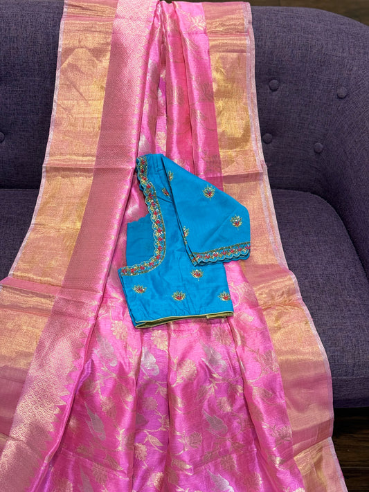 **New** Pink Chanderi Silk Saree With Contrast Stitched Work Blouse
