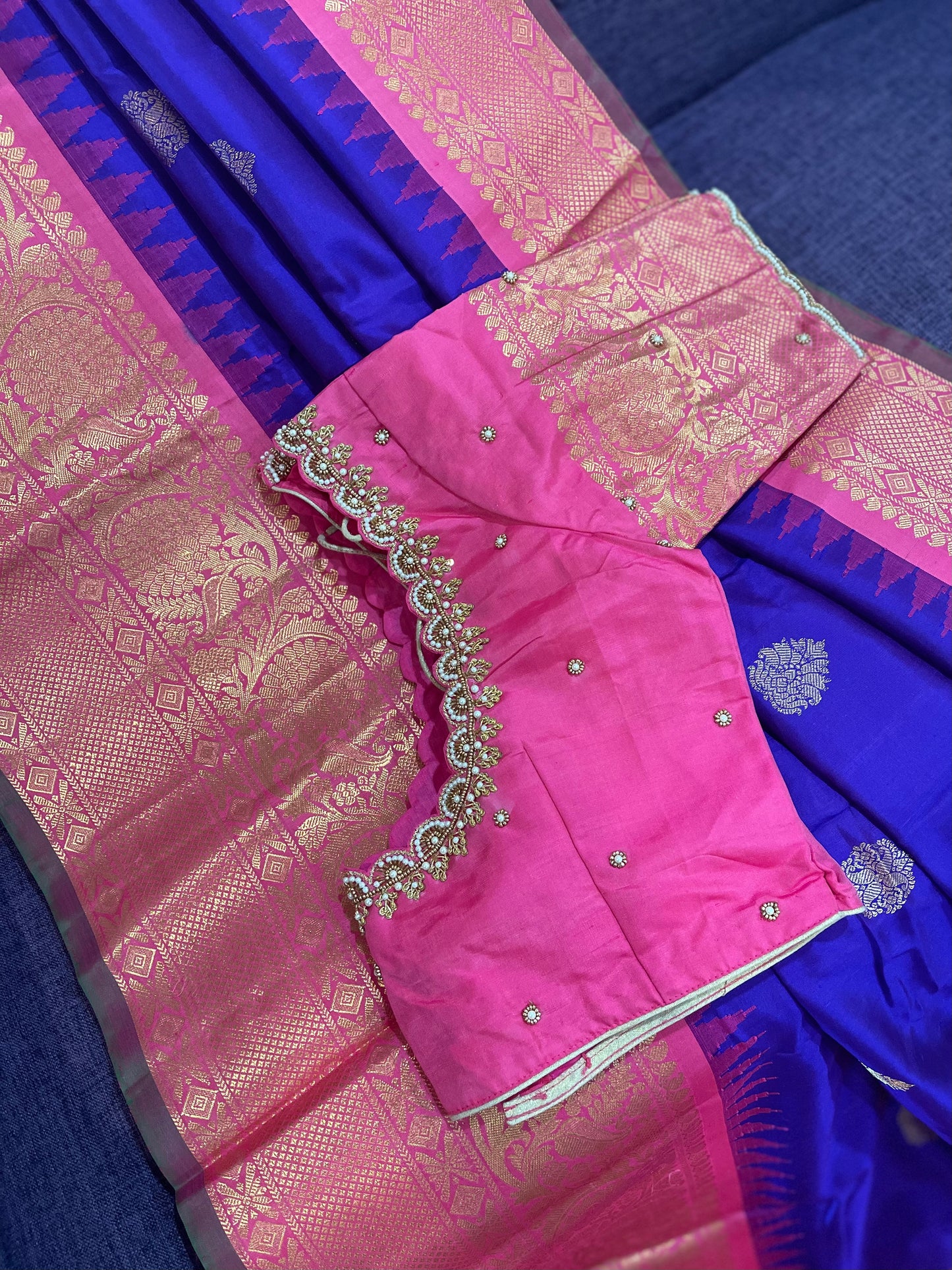 ** New ** Purple Gadwal Silk Handloom Saree With Contrast Maggam work blouse