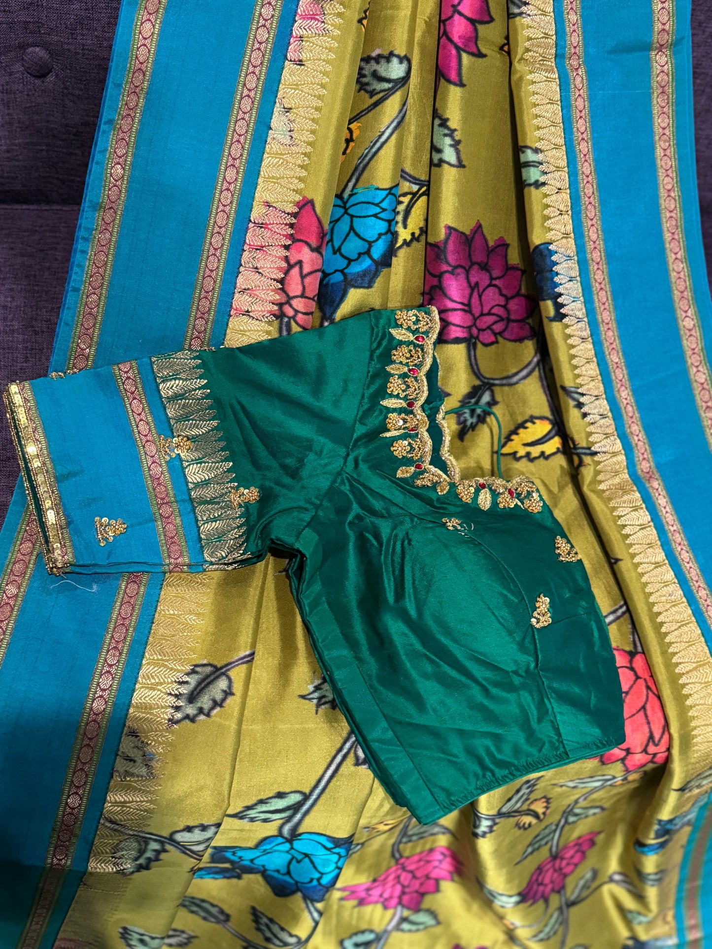 **New**Mysore silk saree with kalamkari print and contrast boarder paired with maggam work blouse