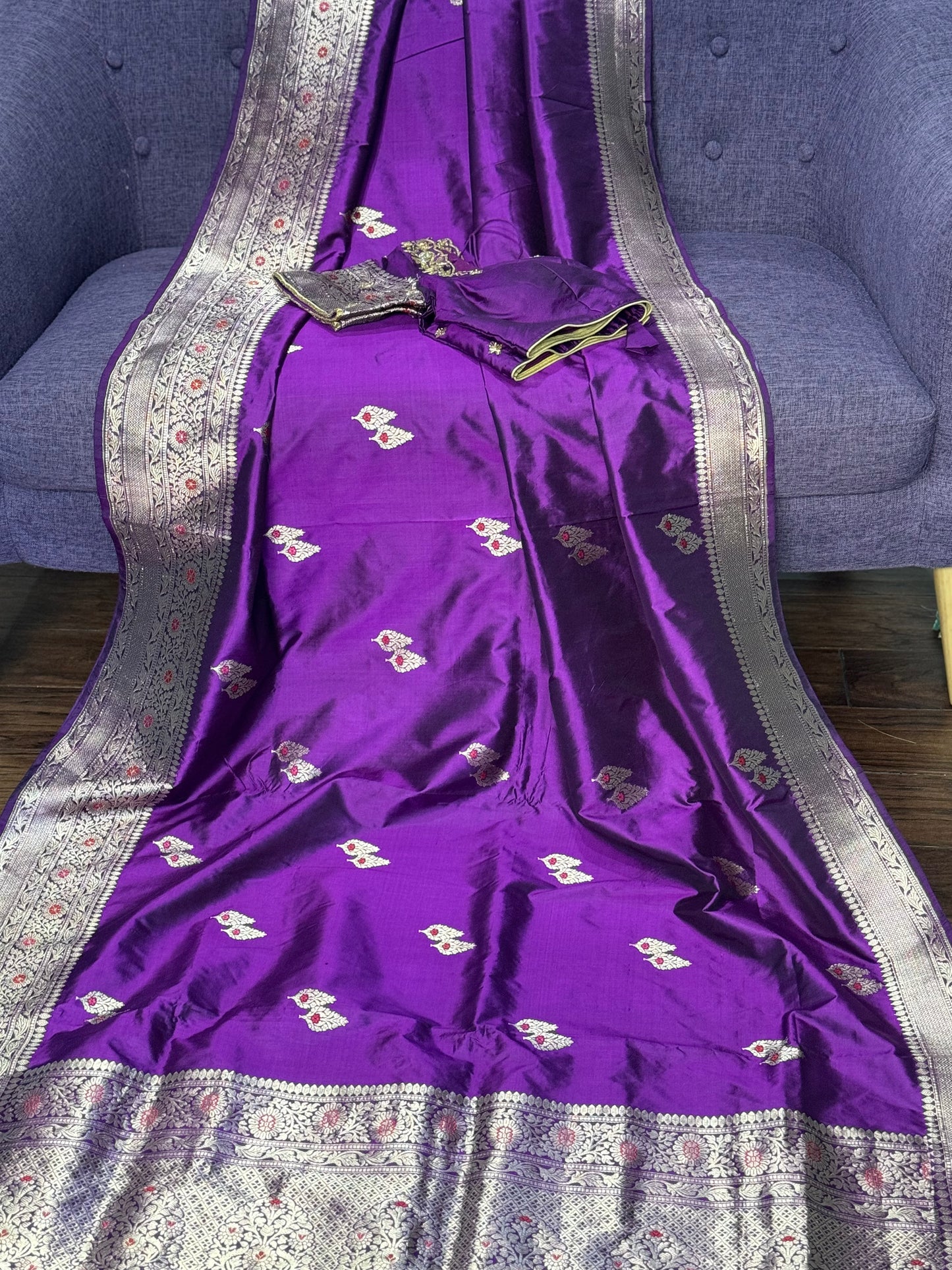 **New**Benaras katan silk saree with zari boarder paired with maggam work blouse