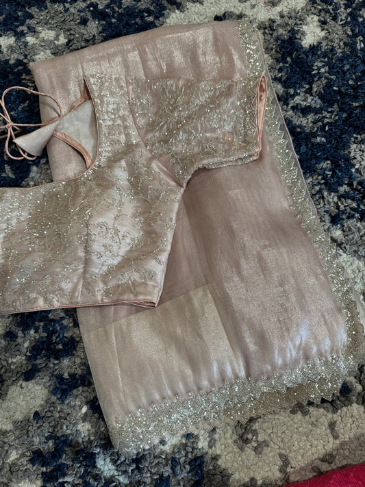 **New** Pastel Pink Tissue Organza Saree With Self Color Stitched Blouse!!