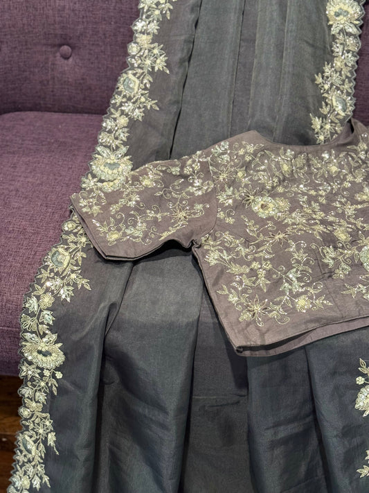 **New** Grey organza Saree with Stitched Blose