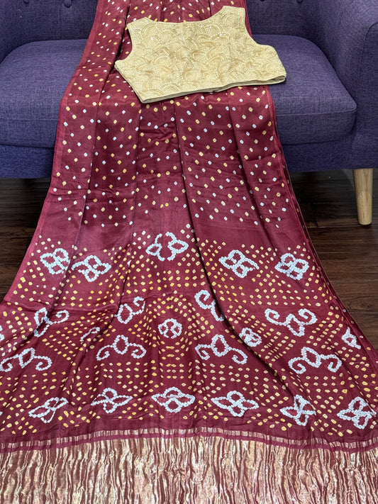 **New** Satin Bandini Saree With Gold Stitched Blouse