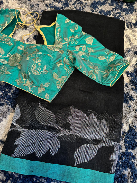 **New** Black Lenin Saree With Contrast Stitched Blouse!!!