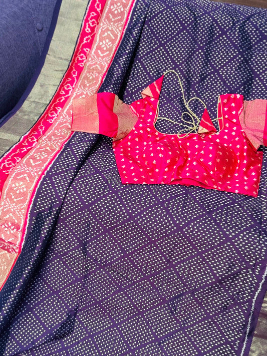 **New** Eggplant Shade Ikkat Pattu Saree With Contrast Stitched Blouse